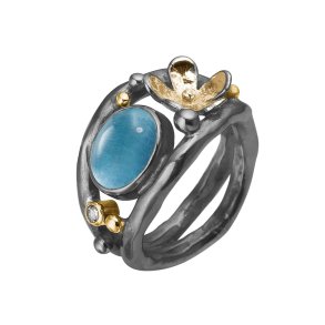 By Birdie, Como ring i oxyderet Slv med 14kt rdguld og aquamarin
