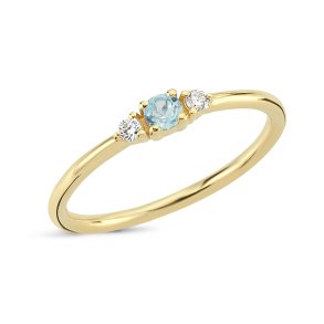 Petit ring i 14kt rdguld med bl topas og diamanter
